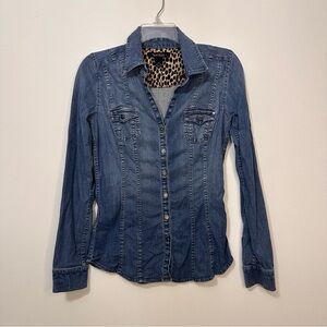 White House Black Market Blue Denim Button-Down Shirt Rhinestone Accent